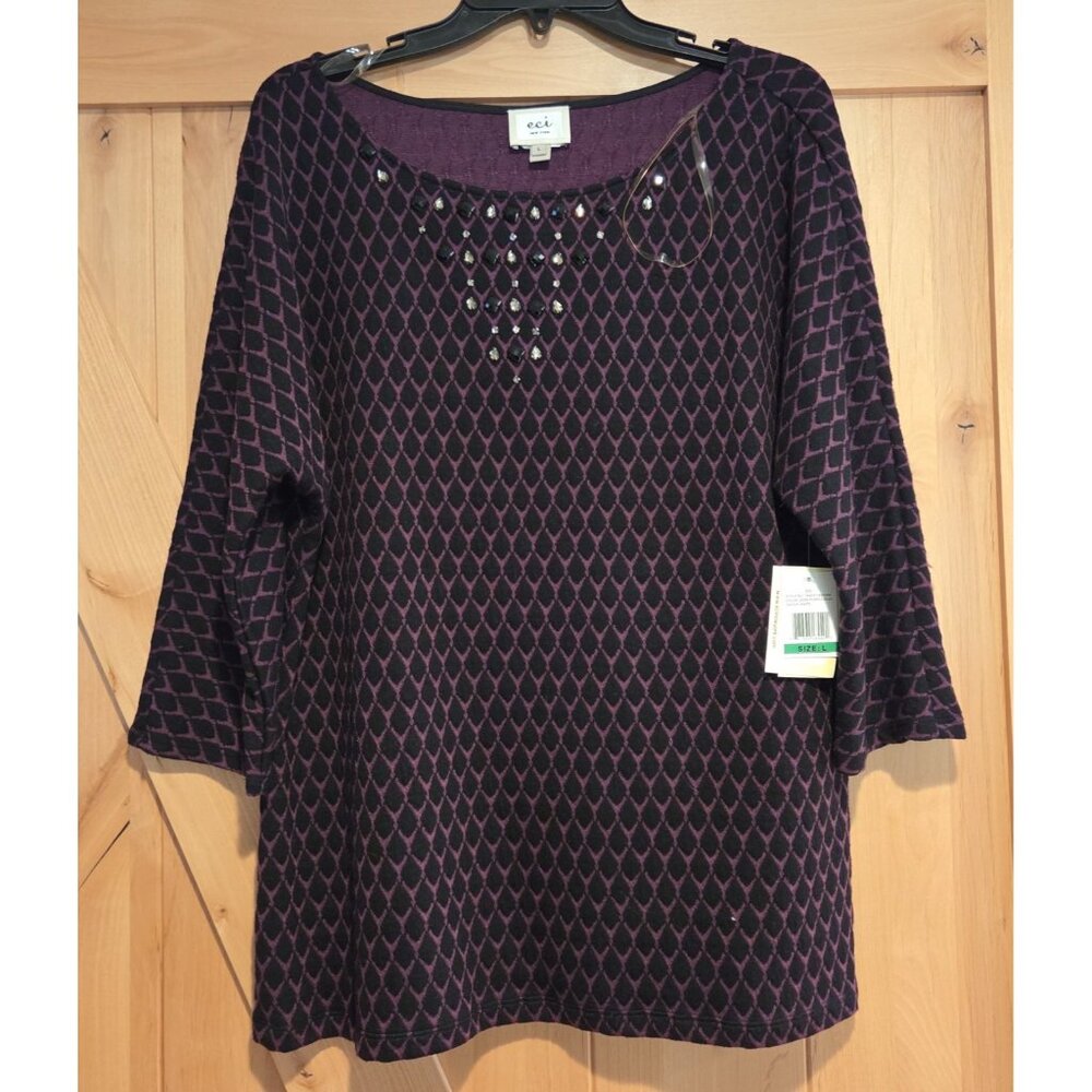 New! ECI Size L Sweater Black Purple Embellished Neck Rhinestone Geometric
